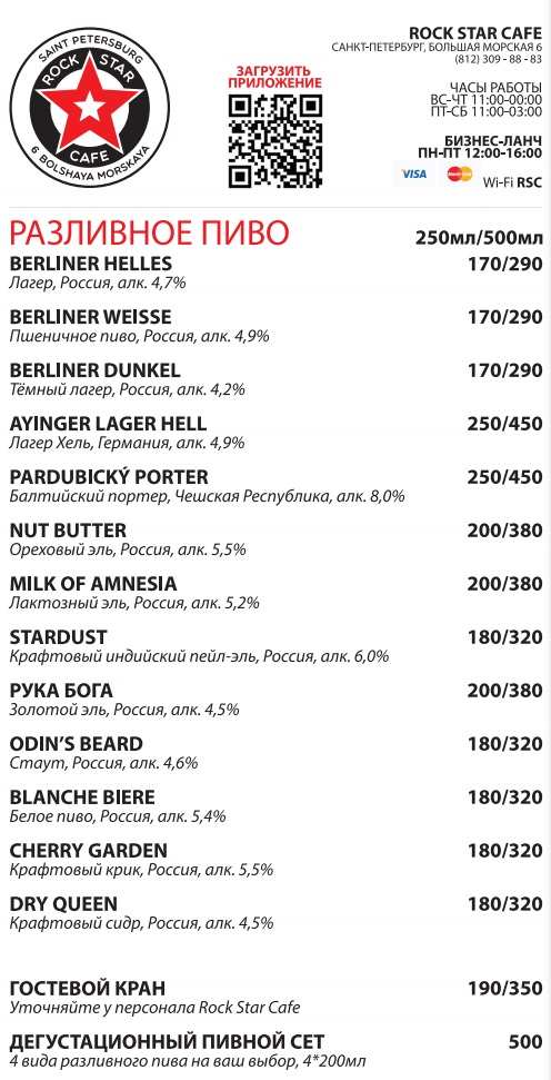 меню Рок Стар Кафе Санкт-Петербург