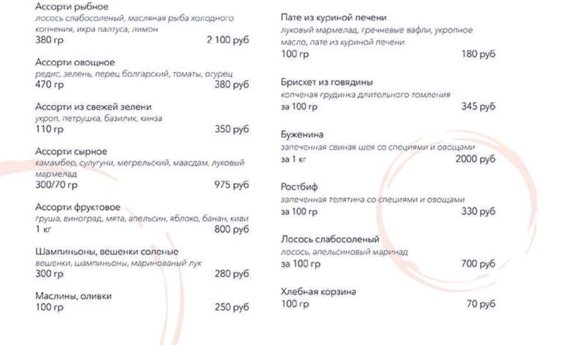 меню Milano Ricci Воронеж