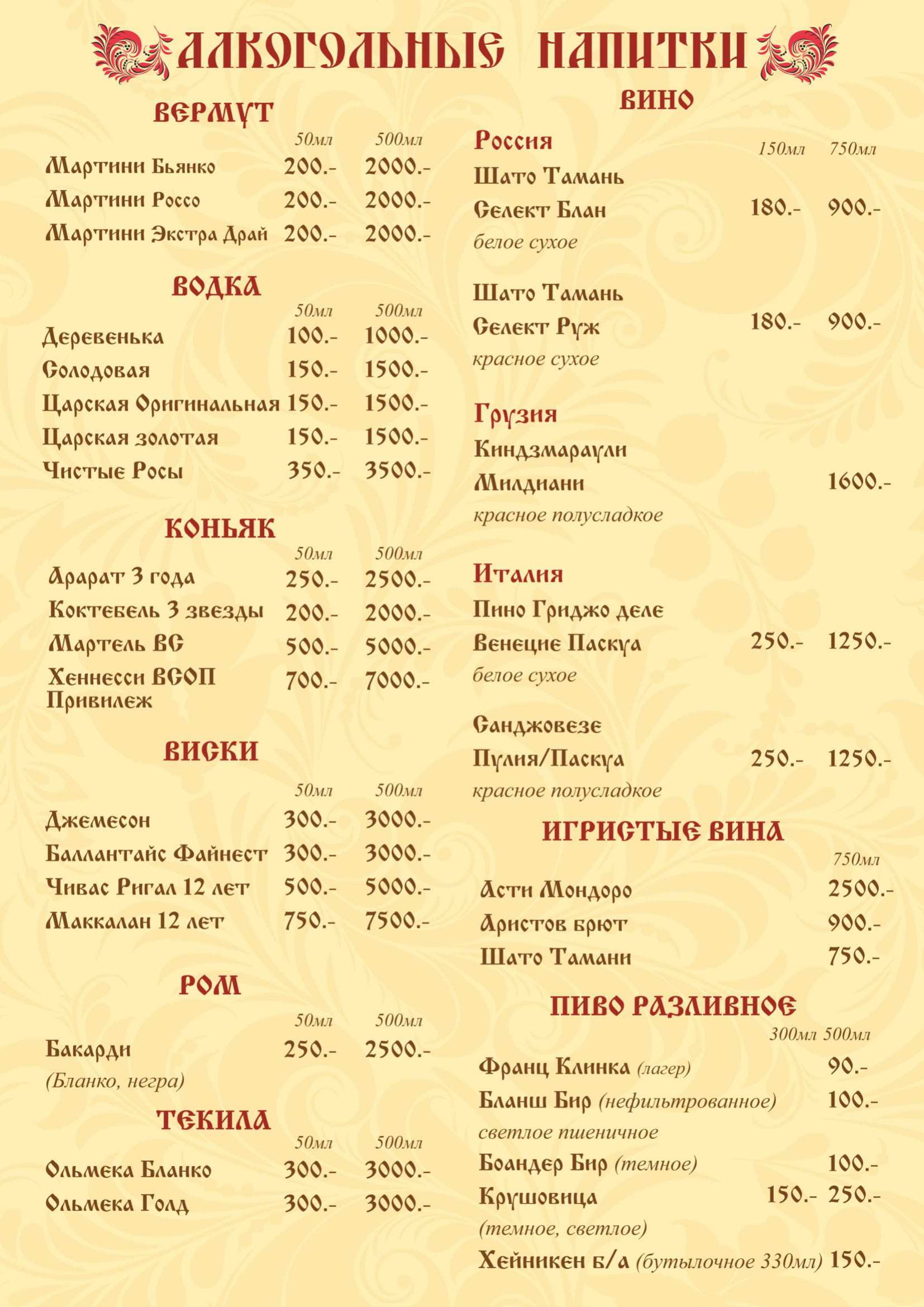 меню Кафе Деревня Сочи