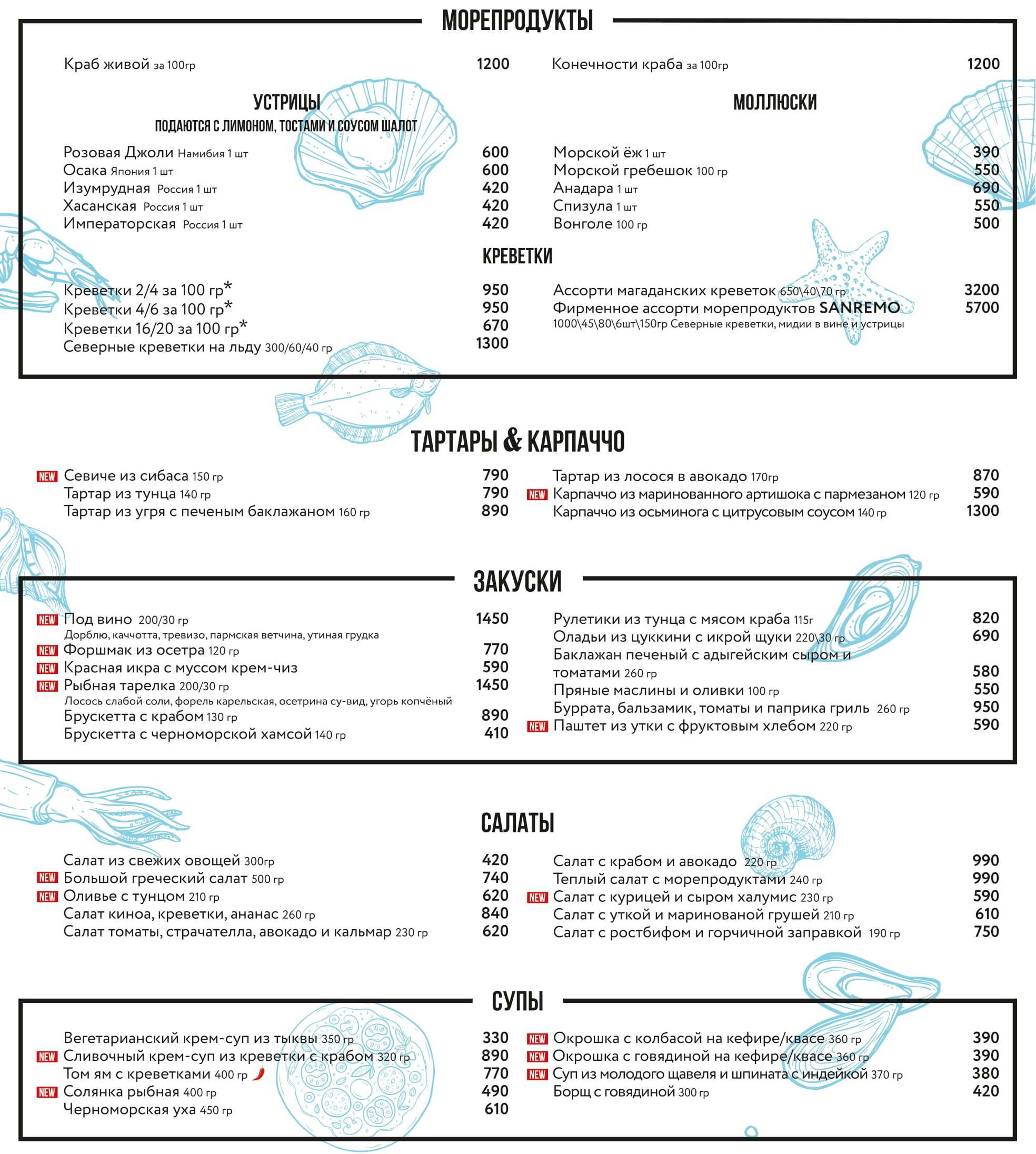 меню Ресторан Sanremo Сочи