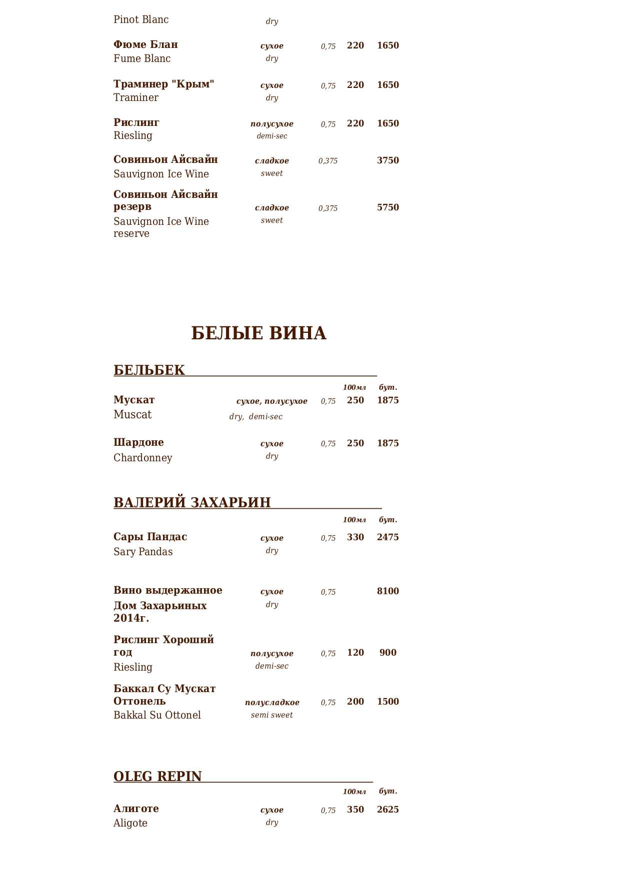 меню Ресторан Приморский бульвар Севастополь