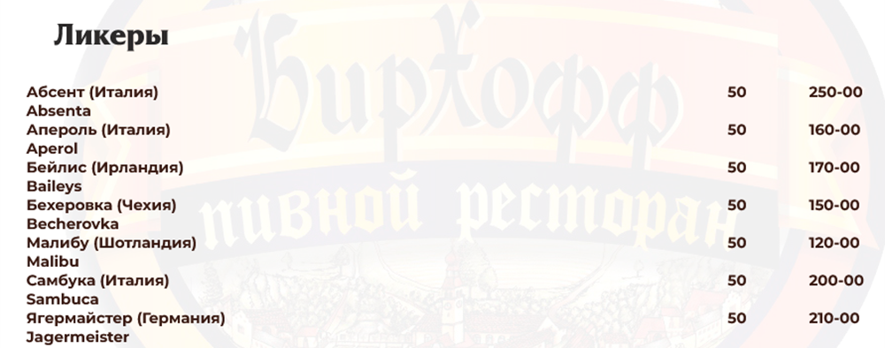 меню Бирхофф Брянск