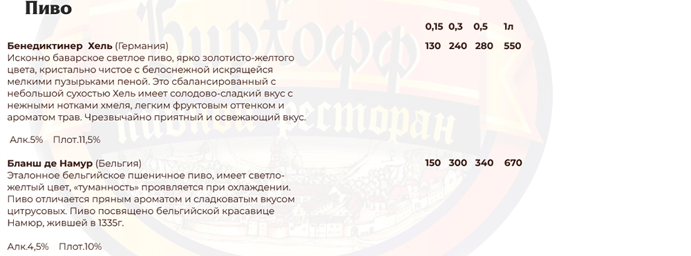 меню Бирхофф Брянск