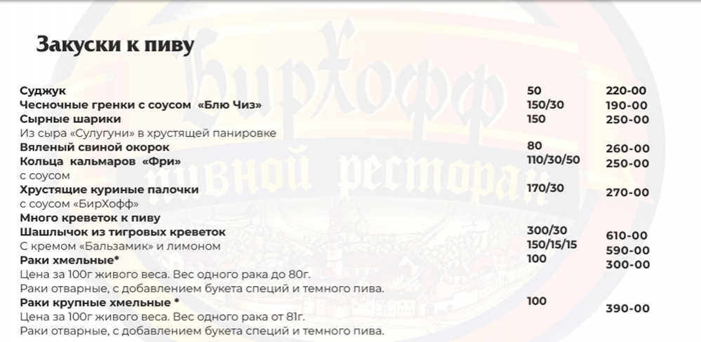 меню Бирхофф Брянск