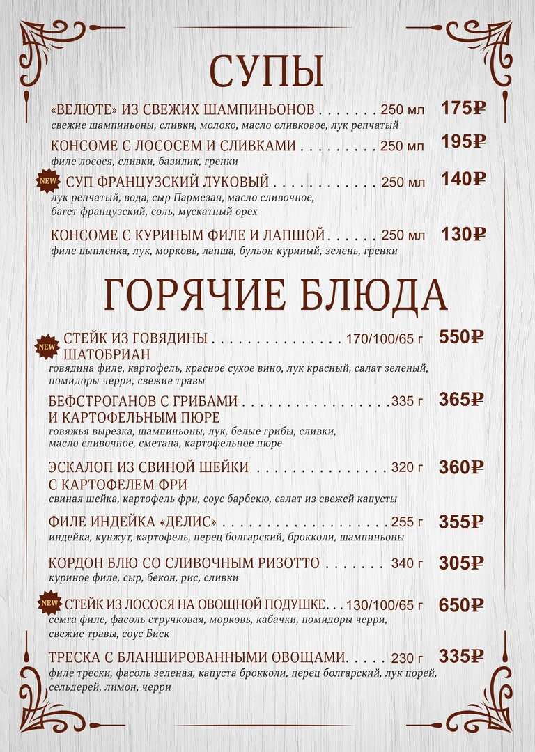 меню Кафе Парижанка Вологда