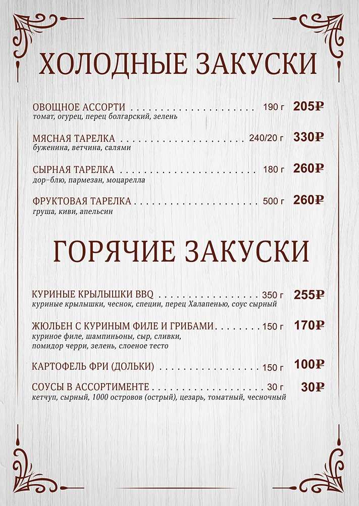 меню Кафе Парижанка Вологда