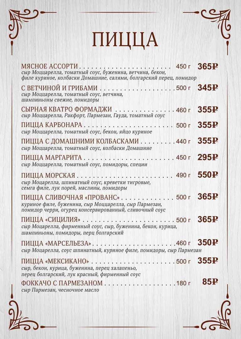 меню Кафе Парижанка Вологда