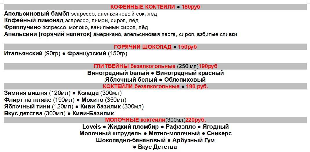 меню Кафе Фрителль Ухта