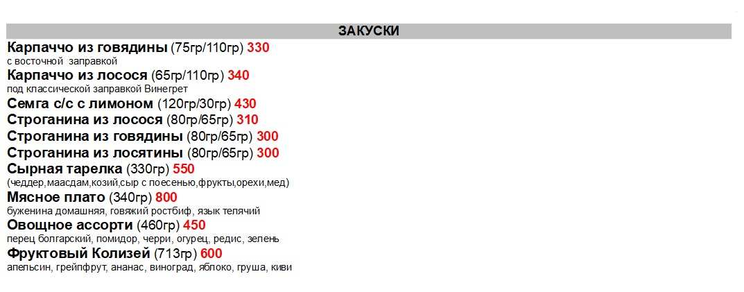 меню Кафе Фрителль Ухта