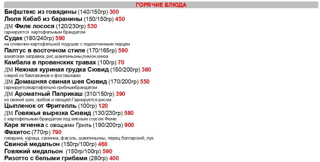 меню Кафе Фрителль Ухта