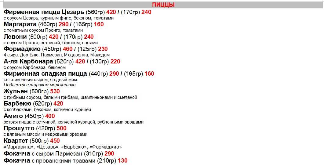 меню Кафе Фрителль Ухта