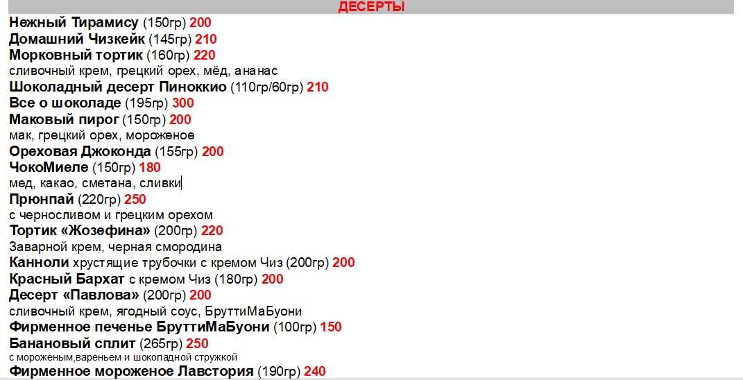 меню Кафе Фрителль Ухта