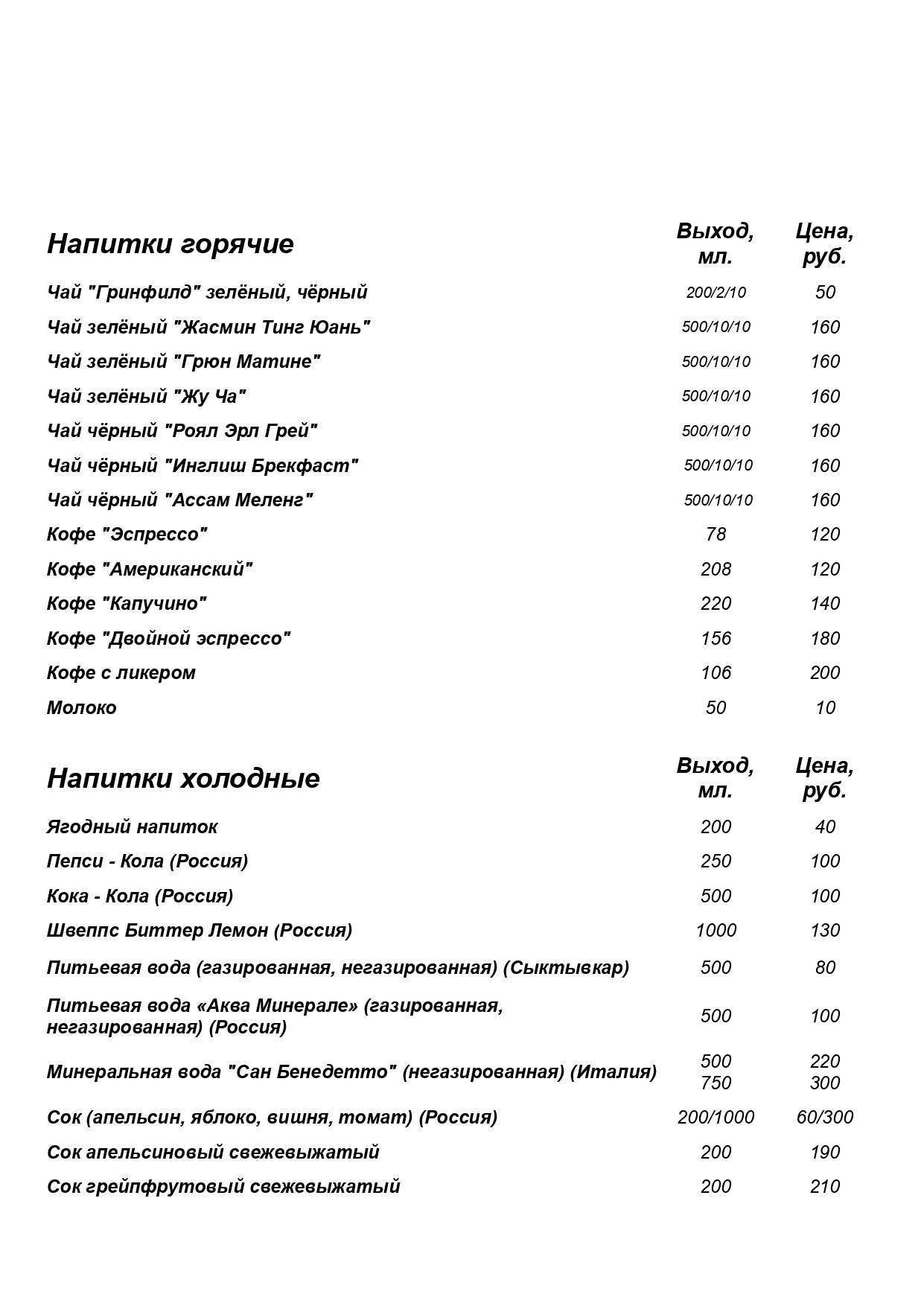 меню Ресторан Пентхаус Сыктывкар