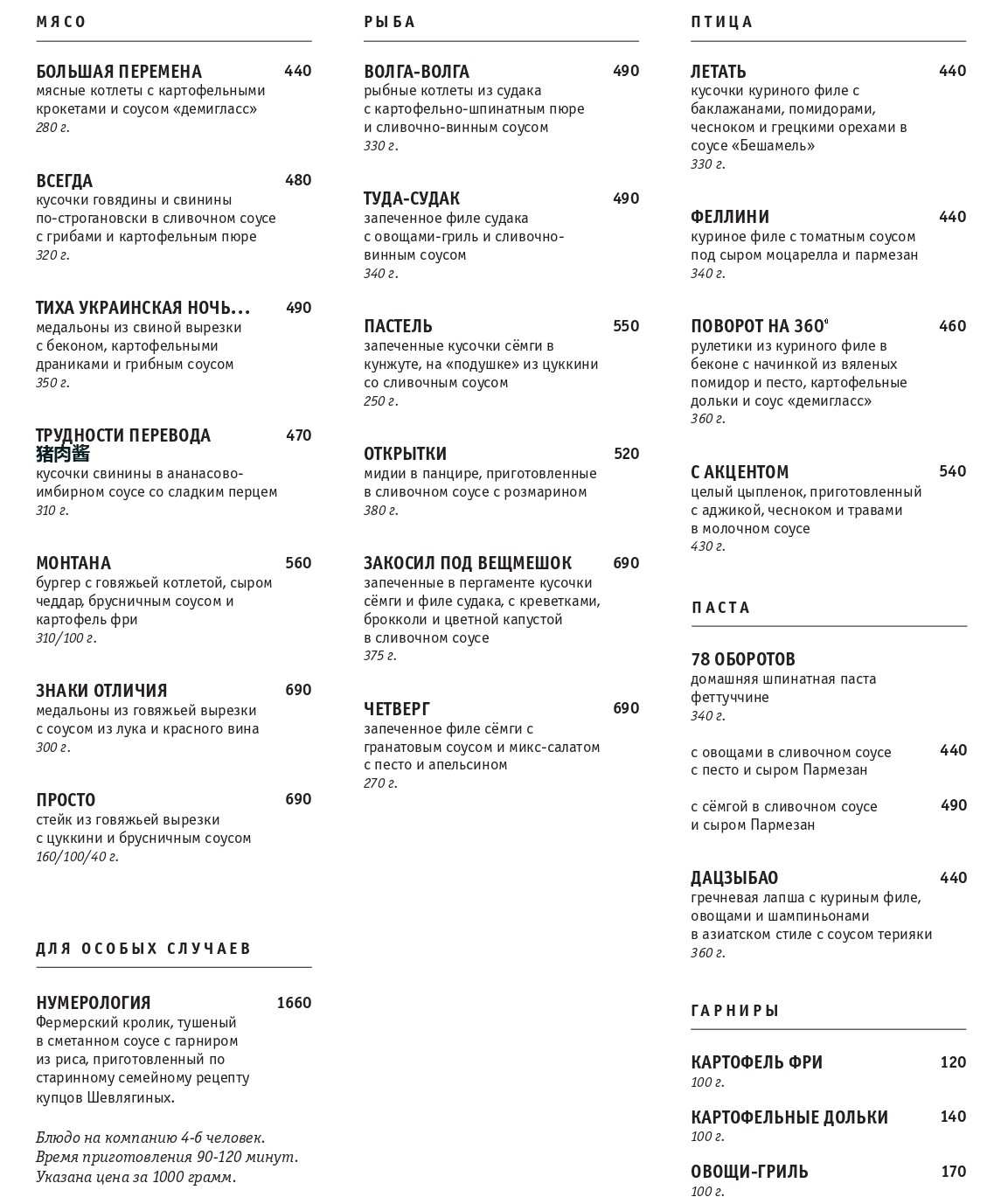 меню Кафе Намеки Коломна